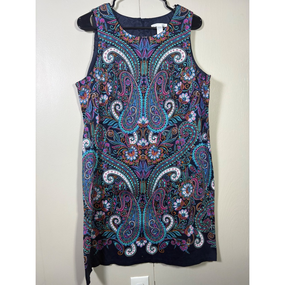 London Times Womens Navy Blue Paisley Sleeveless Cotton Shift Dress Size 16